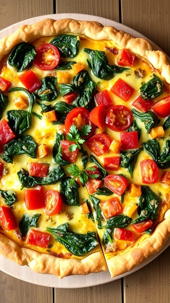A slice of quiche with spinach, tomatoes, and cheese on a wooden table.